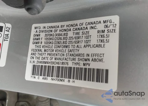 2012 Honda Cr-V Ex z USA, uszkodzony, nr VIN 2HKRM4H59CH618976